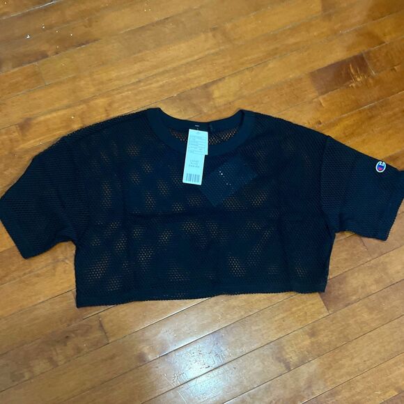 Champion x Urban Outfitters Mesh Crop Shimmel Tee Large Black NWT Exclusive - Picture 2 of 7